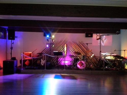 a stage with a bunch of instruments on it at Karemajat Panorama hotel in Ylitornio