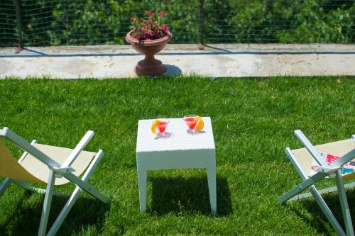 two chairs and a table with two glasses on it in the grass at B&B Casanova in Agerola