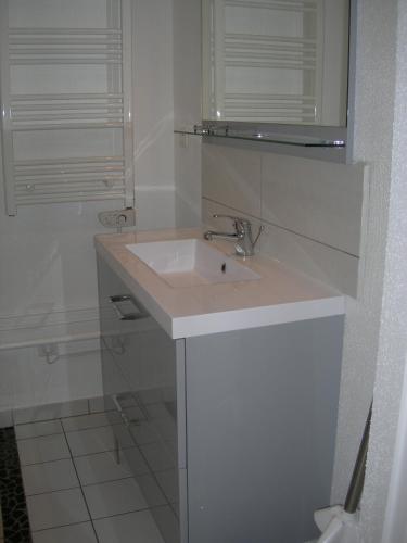 une salle de bain blanche avec un lavabo et un miroir dans l'établissement Studio Tripiers, à Colmar
