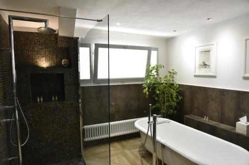a bathroom with a tub and a glass shower at Campagne Paumier in Ansouis