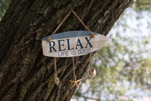 a sign on a tree that reads relax life is good at Albatros in Călăraşi