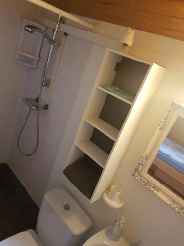 a bathroom with a toilet and a sink and a mirror at Keldunes in Garður