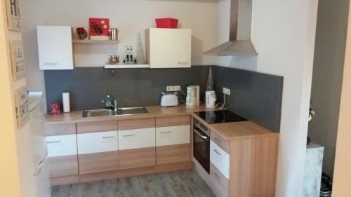a small kitchen with a sink and a stove at Haus Isabelle EG in Sankt Andreasberg