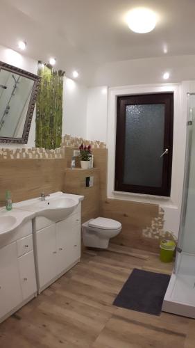 a bathroom with a toilet and a sink and a window at Das Haus am Hang in Schwäbisch Hall