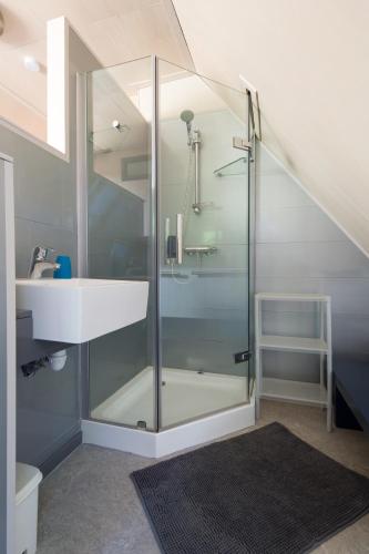 une salle de bain avec une douche en verre et un lavabo dans l'établissement Gîte le Noyer - l'Ancien Vignoble, à Saint-Julien-de-Lampon