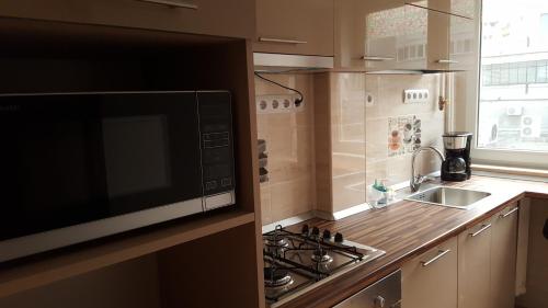 una cucina con forno a microonde, piano cottura e lavandino di Iri's Downtown Apartment no. 1 a Ploieşti