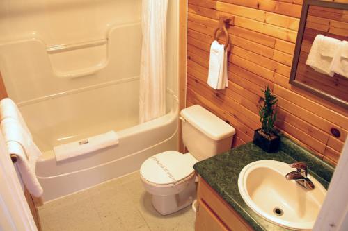 een badkamer met een toilet, een wastafel en een bad bij Hidden Acres Cottages in Cavendish