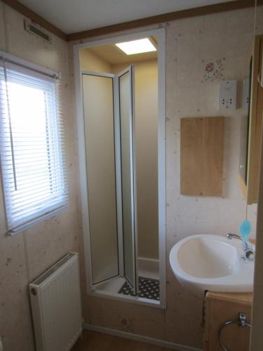 a bathroom with a shower and a sink at Fenlake holiday accommodation in Metheringham