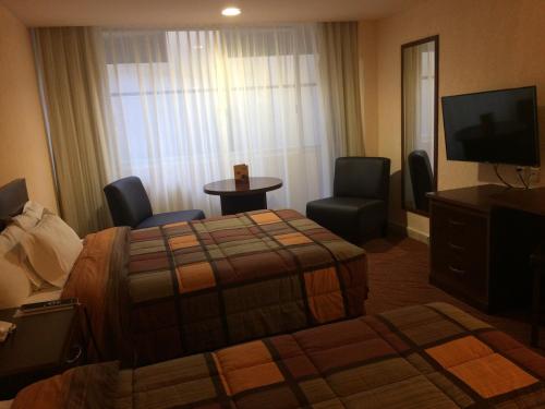 a hotel room with a bed and chairs and a television at Hotel Real Plaza Aguascalientes in Aguascalientes