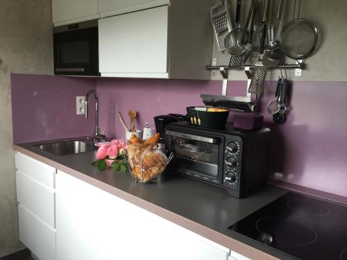 a kitchen with a counter with a microwave and flowers at Studio de Charme "Le Coquillage " Jacuzzi privatif in Pléneuf-Val-André