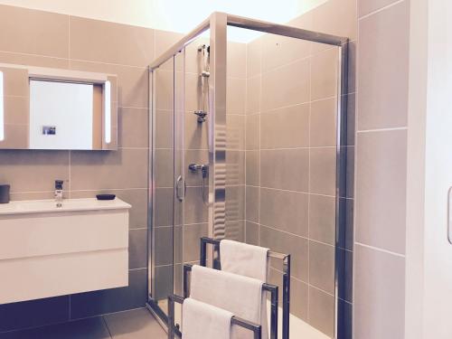 a bathroom with a shower and a sink at Casale a Figa Bianca in Patrimonio