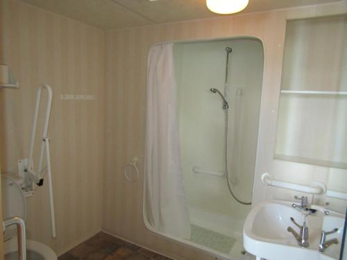 a bathroom with a shower and a sink at Fenlake holiday accommodation in Metheringham