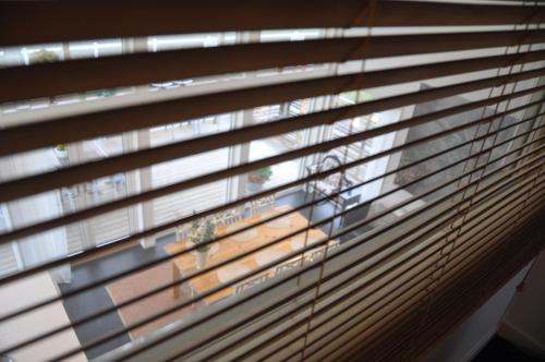 a window with blinds on it with a plant at Annexet på Stallbackens Gård in Ås