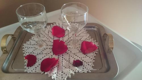 two wine glasses on a tray with red roses at Pousada das Palmeiras in Camanducaia