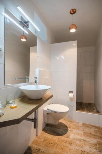 a white bathroom with a sink and a toilet at Penzion Labská Vyhlídka in Litoměřice