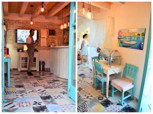 two pictures of a kitchen and a man in a kitchen at Heritage Hotel Chersin in Fažana