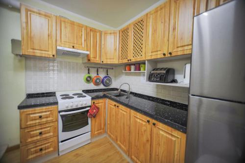 a kitchen with wooden cabinets and a stainless steel refrigerator at Mongolian Vision Tours in Ulaanbaatar