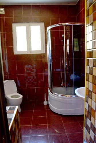 un bagno piastrellato rosso con doccia e WC di Hotel Canyon a Tbilisi City