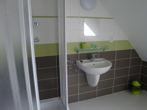 a bathroom with a sink and a shower at Lázně Evženie in Klášterec nad Ohří