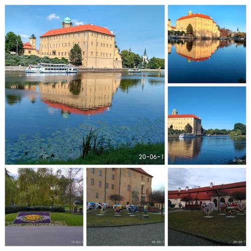 a collage of pictures of buildings and a lake at Homestay Poděbrady in Poděbrady