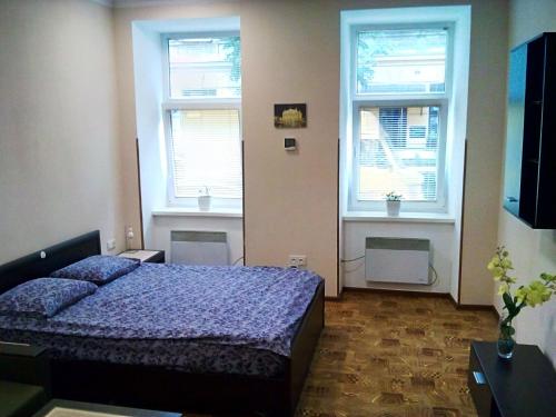 1 dormitorio con 1 cama azul y 2 ventanas en Skovoroda apartment, en Leópolis