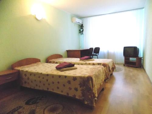 um quarto com duas camas e uma televisão em Elektromash Hotel em Tiraspol