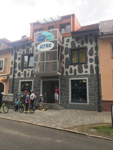 a group of people standing outside of a building at Apartments Otre Frymburk in Frymburk