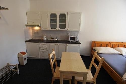 a room with a bed and a table and a kitchen at Apartments Otre Frymburk in Frymburk