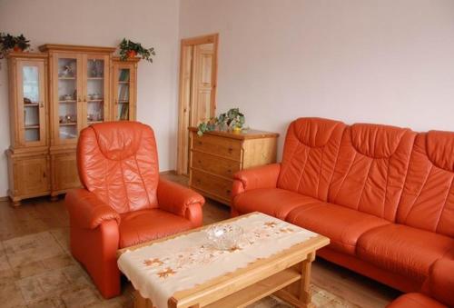 a living room with two orange couches and a coffee table at Apartman Horni Adrspach in Adršpach