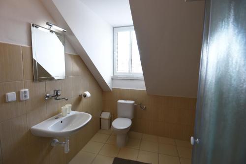 a bathroom with a sink and a toilet and a window at Apartments Otre Frymburk in Frymburk