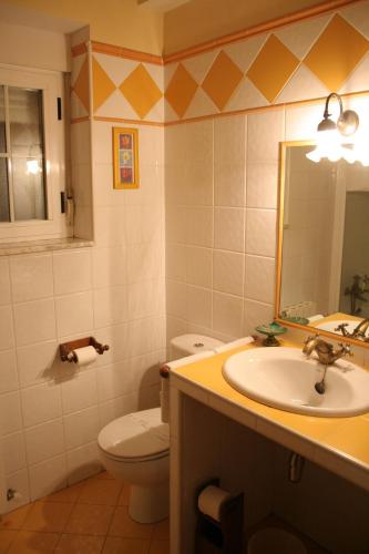 a bathroom with a sink and a toilet and a mirror at La Casona de Collado in Hoyos del Collado