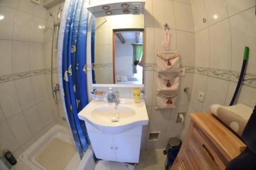 ein Bad mit einem Waschbecken, einer Dusche und einem Waschbecken in der Unterkunft Country House Vrsani in Rab