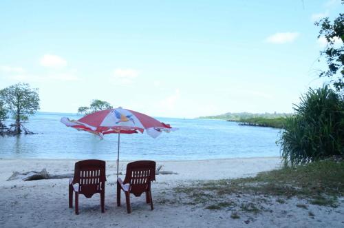 two chairs and an umbrella on a beach at Coconhuts Beach Resort in Neil Island