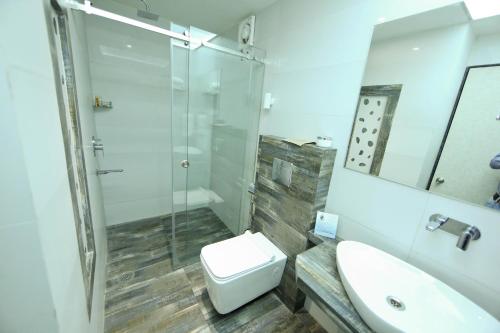 a bathroom with a toilet and a sink and a shower at Hotel President in Nagpur