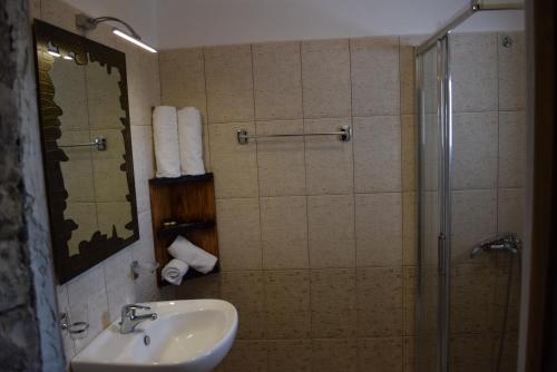 a bathroom with a sink and a glass shower at Hotel Gjirokastra in Gjirokastër