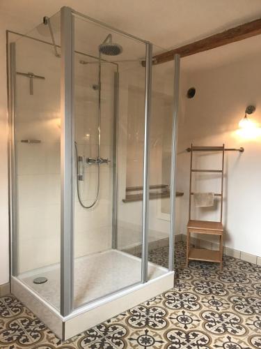 a shower with a glass enclosure in a bathroom at Herrenhaus - Weingut Freiherr v. Landenberg in Ediger-Eller