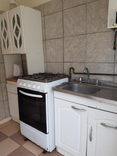 a kitchen with a stove and a sink at Turismo el Bosque in Pichilemu