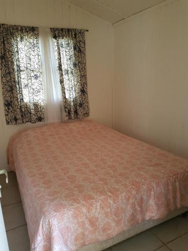 a bedroom with a bed and two windows at Turismo el Bosque in Pichilemu