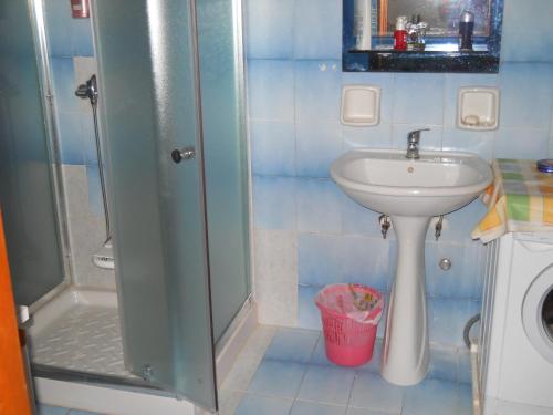 La petite salle de bains est pourvue d'un lavabo et d'une douche. dans l'établissement Villa Conte in Salento, à Francavilla Fontana