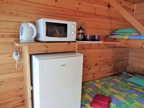 Un microondas en la parte superior de una nevera en una cabaña en Sõrve Holiday Home, en Kargi