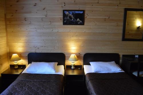 2 camas sentadas en una habitación con 2 lámparas en Комплекс Спасатель, en Kartino