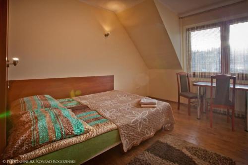 a bedroom with a bed and a table and a window at Willa Eliza in Muszyna
