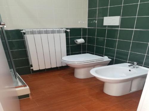 a green tiled bathroom with a toilet and a sink at B&B Il Prugnolo in Castel di Sangro