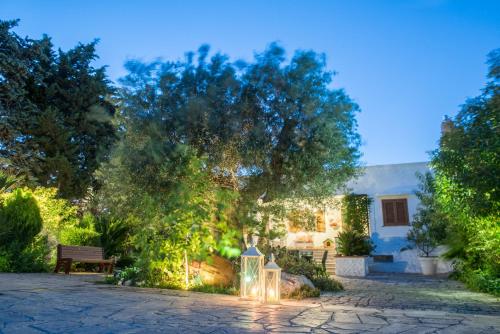 a garden with a bench and a tree with lights at Agriturismo Salinola in Ostuni