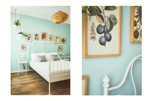 2 fotos de un dormitorio con cama en Casa Ines, en La Spezia