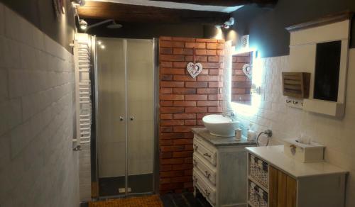 uma casa de banho com um lavatório e uma cabina de duche em vidro. em Wsiowa Chata em Ścinawka Górna