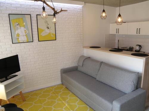 a living room with a couch and a kitchen at Aloza in Ustka