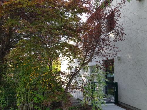 a building with a fence next to a tree at Am Schmeding in Berlin