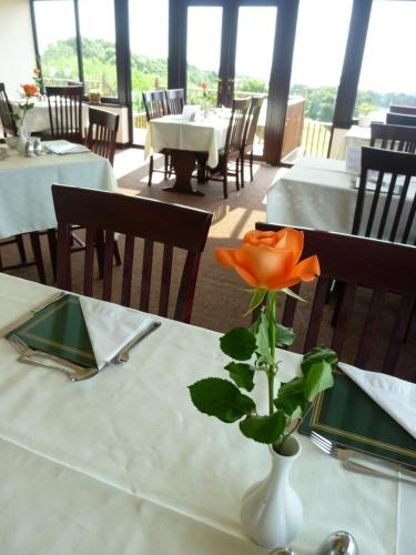 a vase with a flower on a table in a restaurant at Monturpie Guest House in Kirkton of Largo