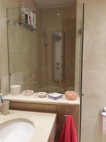 y baño con lavabo y ducha. en Casa Cafer, en Las Palmas de Gran Canaria